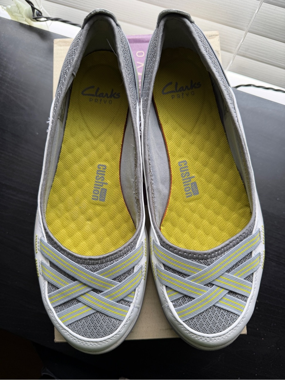 Clarks Gray, White and Yellow Crisscross Slip-On Flats